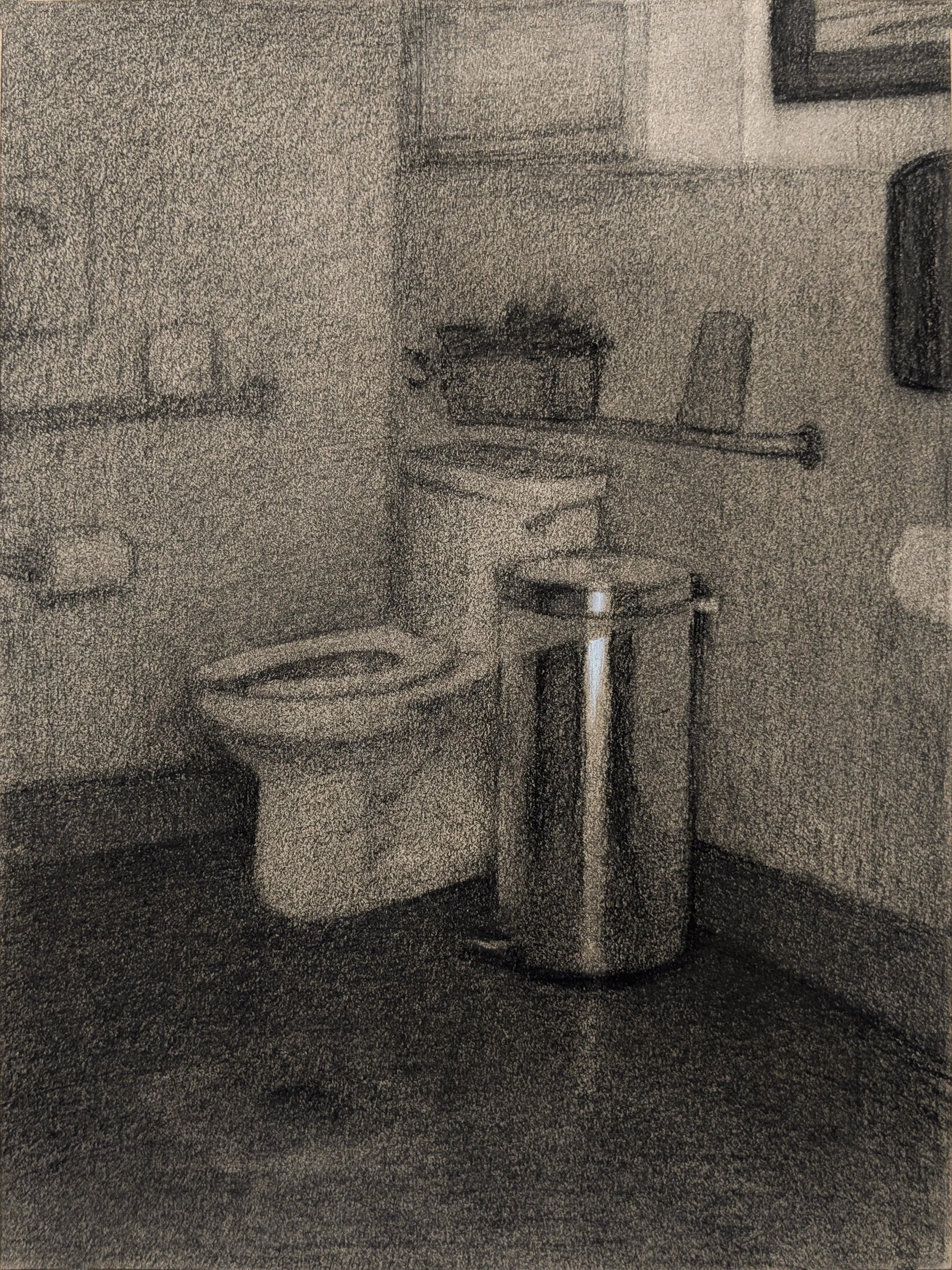 Bathroom, 12" x 9", Charcoal pencil on toned paper, 2026