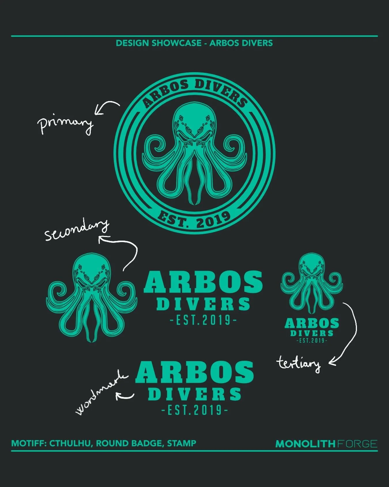 🇭🇷Logo sustav za Arbos Divers &ndash; moćan, prilagodljiv i prepoznatljiv.
Glavna značajka je motiv Cthulhua, koji utjelovljuje te&scaron;ku mistiku i dubinu podmorja. Razrađene verzije logotipa omogućuju konzistentnu primjenu kroz razne formate i 