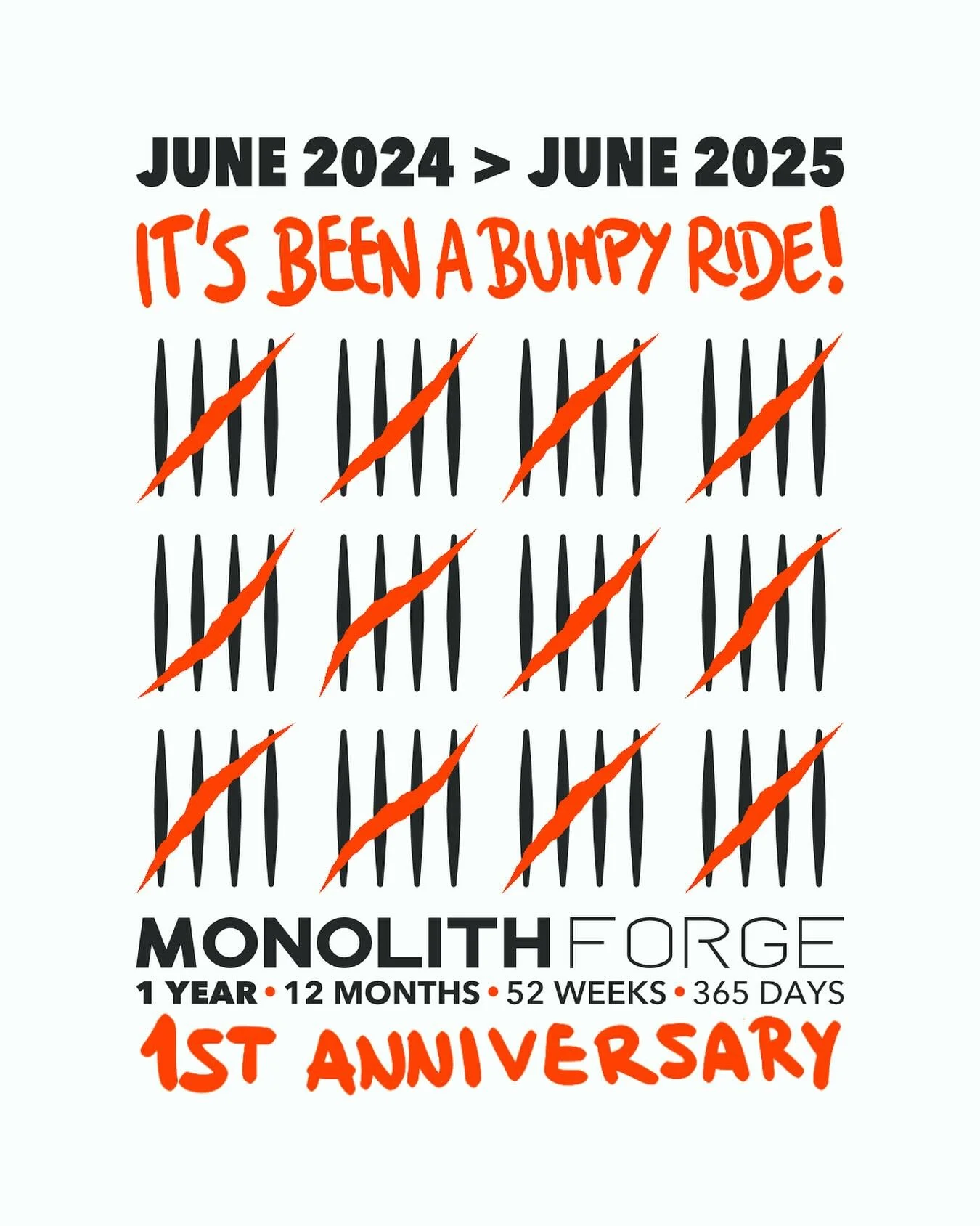 Twelve tallies.
Twelve months.
One hell of a ride.

From June 17, 2024 to June 17, 2025 &mdash;
1 year &bull; 12 months &bull; 52 weeks &bull; 365 days

It&rsquo;s been rough, raw, chaotic, and beautiful.
Every strike, every scar, every late night &m