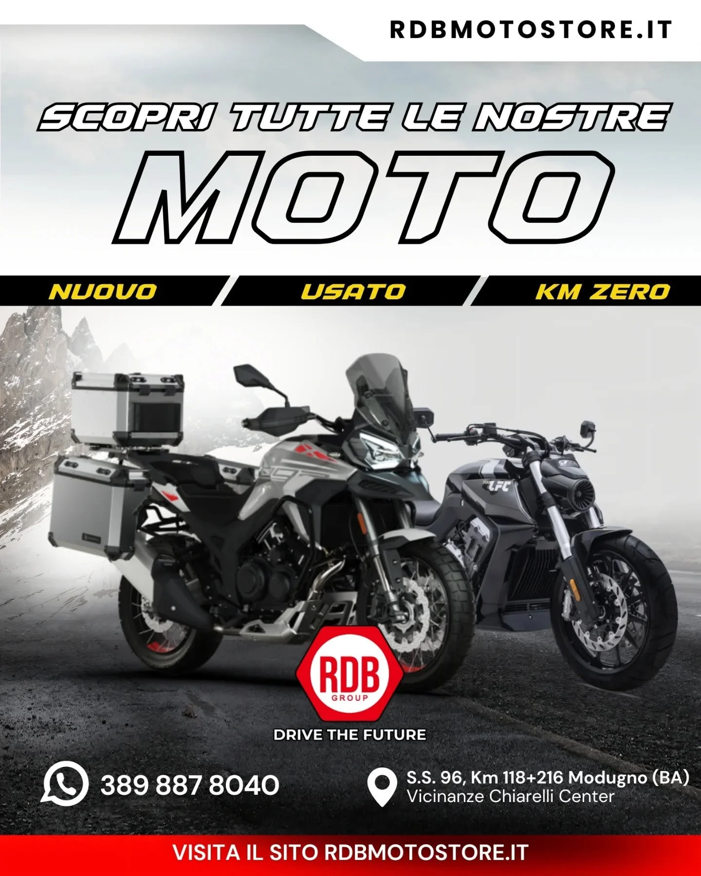 &Egrave; tempo di scegliere la tua prossima moto 💥
Scopri le nostre proposte sul sito web:
www.RDBMOTOSTORE.it

Ti aspettiamo in concessionaria!
Siamo a Modugno (BA), S.S. 96, Km 118+216

Chiama o Invia Whatsapp: 389 887 8040