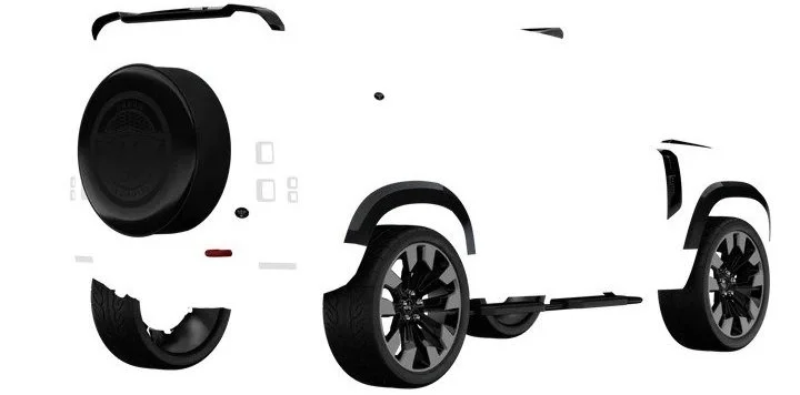 Rear view of a white Land Rover Defender showing the Urban rear spoiler, wheel cover, wide arches, side steps and alloys