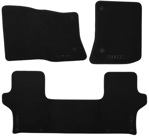 Set of three black Urban carpet floor mats with the Urban logo