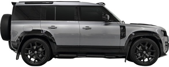 Grey Land Rover Defender 110 with Urban Automotive wide arches, side vents, side steps and black alloys