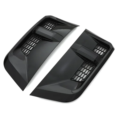 Pair of gloss black aftermarket side vents with honeycomb mesh for the Defender