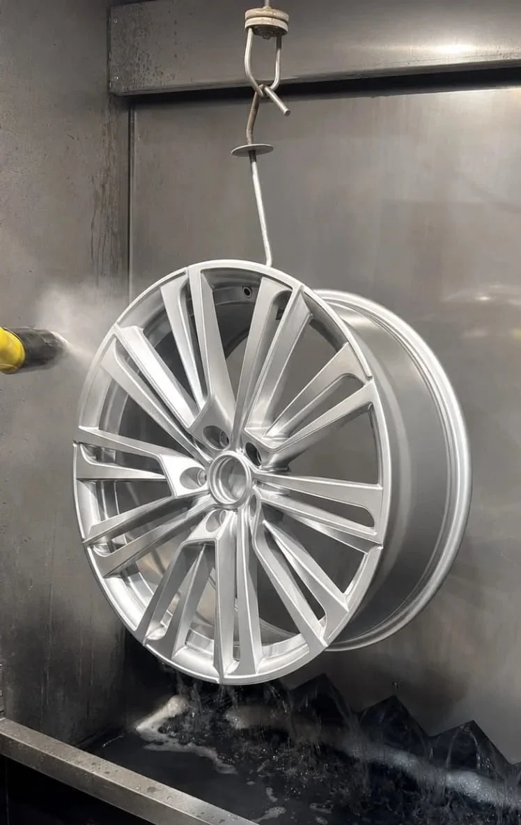 Wheel refurbishment in Nottingham. A wheel that is getting powder coated 