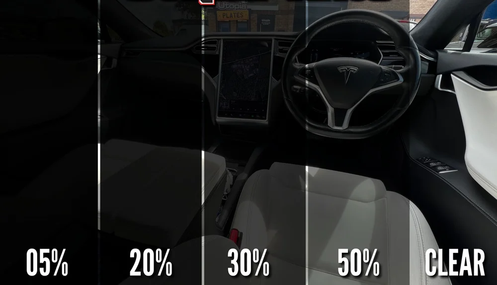 The same car interior seen through 5%, 20%, 30% and 50% window tint and clear glass