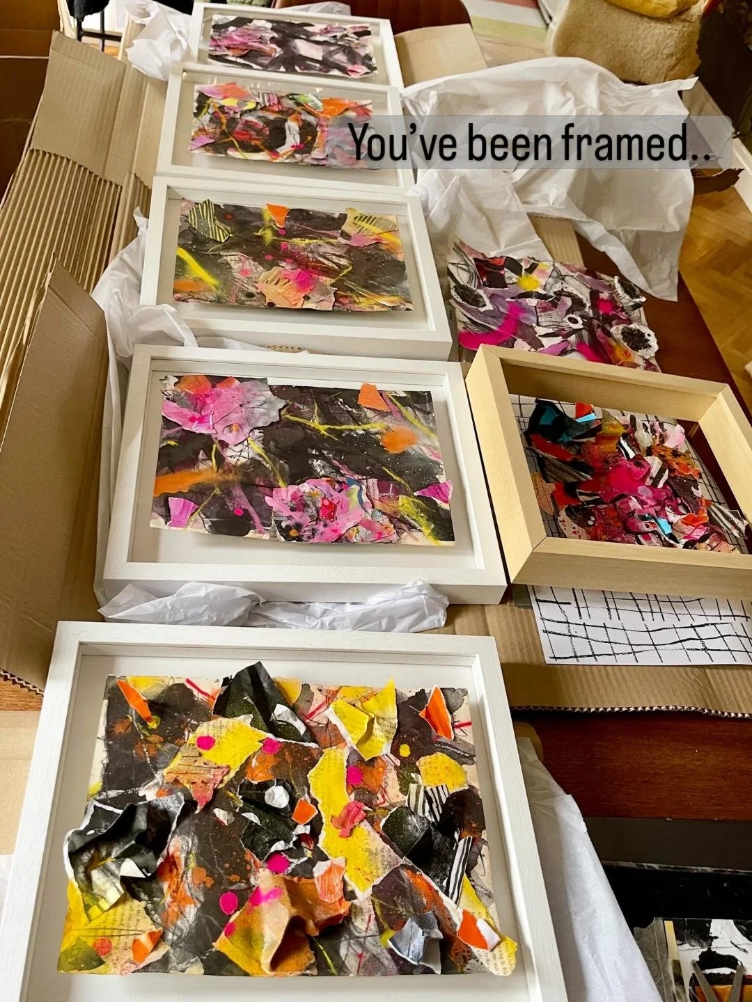 Here’s a picture of the framing of recent mixed-media collage works for group show later this year..