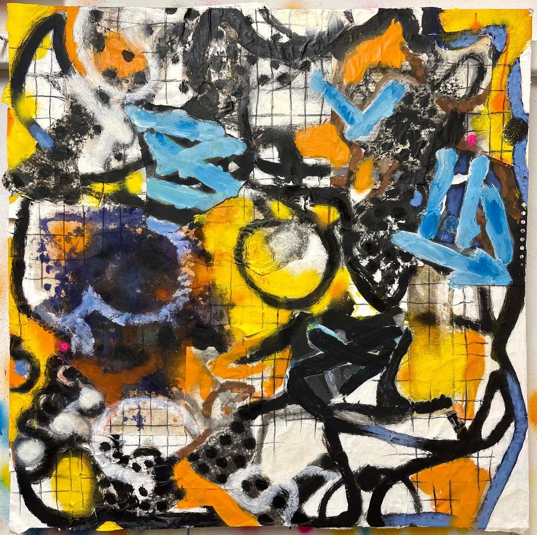 A new painting created over the last few weeks, the concept came together in Hiroshima through drawings and collages created on my travels, exploring line, brushmarks and text..