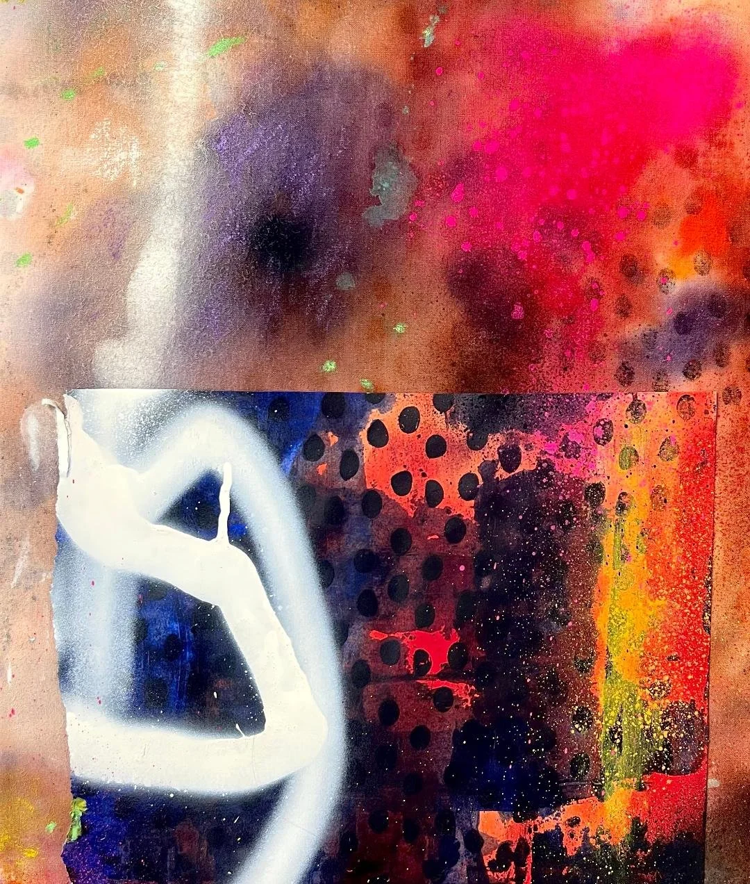 Medium sized canvas developing in the studio with elements of mixed-media surface manipulation: ‘Ghost Patterns’ series..