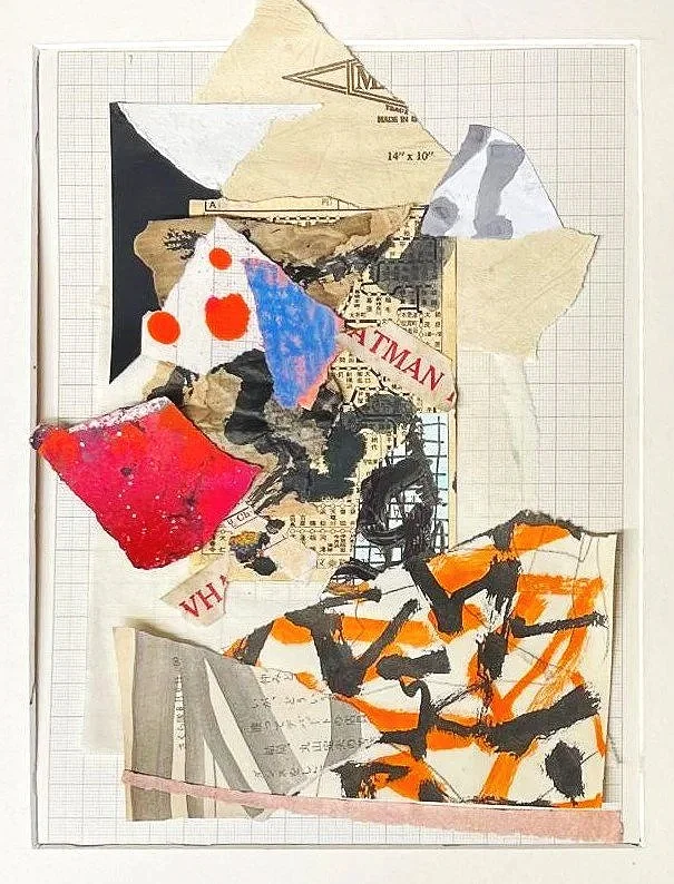 An abstract collage featuring torn paper, paint, and ink on a grid paper background with various textures and colors, including black, red, white, gray, blue, and orange.