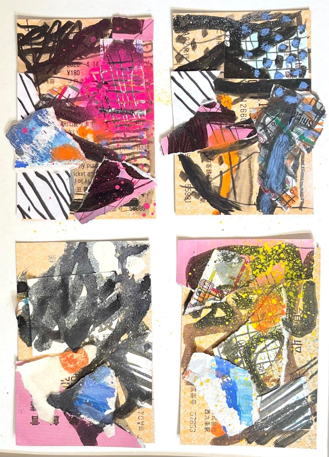 Four abstract collages made from torn paper and paint on newspaper backgrounds, featuring black, pink, blue, yellow, orange, and white colors with various patterns and textures.