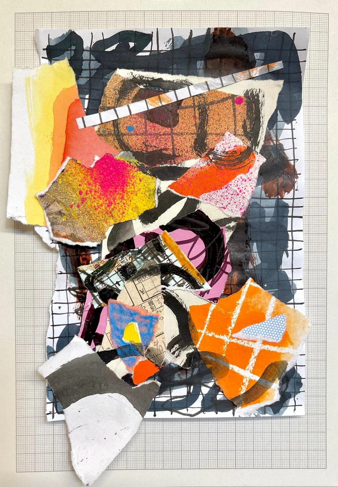 Collage artwork with torn paper, paint, and mixed media layered on grid paper, featuring abstract shapes and textures.