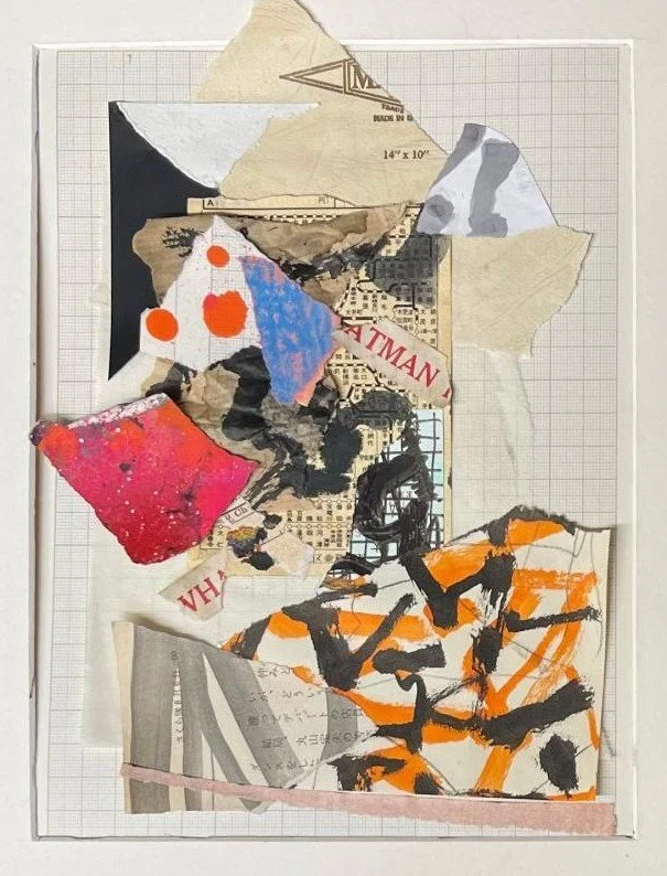 A collage of torn paper pieces on graph paper forming an abstract design with various colors, patterns, and textures.