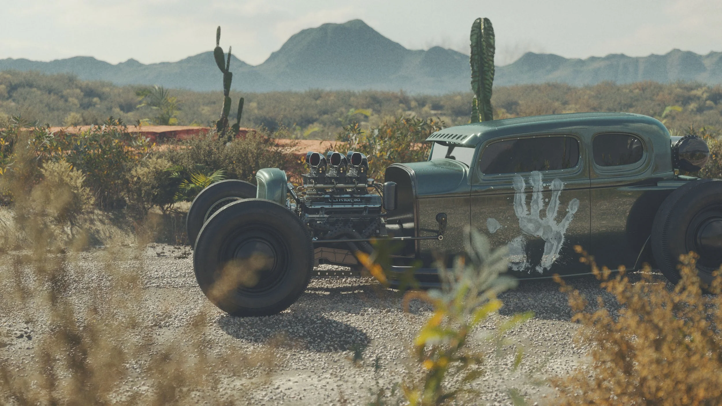 Environment created in 3ds Max using Forest Pack and Fstorm renderer. The Hot-rod is built in Maya.