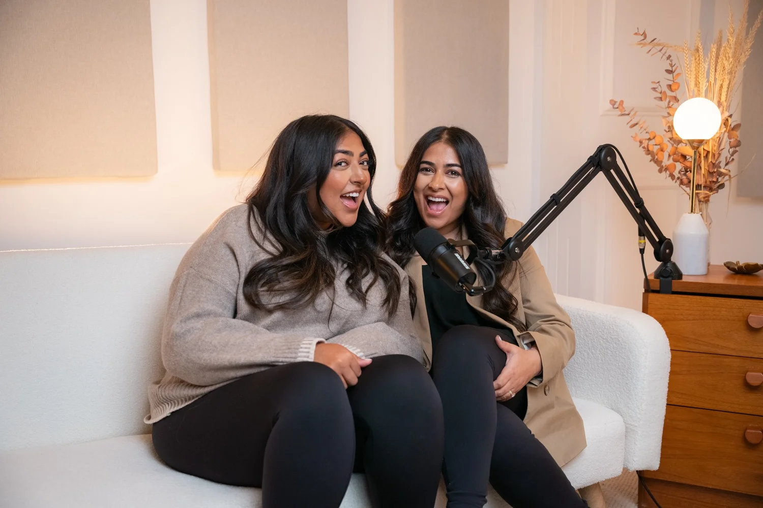 The White Studio at Cheshire Podcast Studio, a bright clean set with adjustable RGB lighting