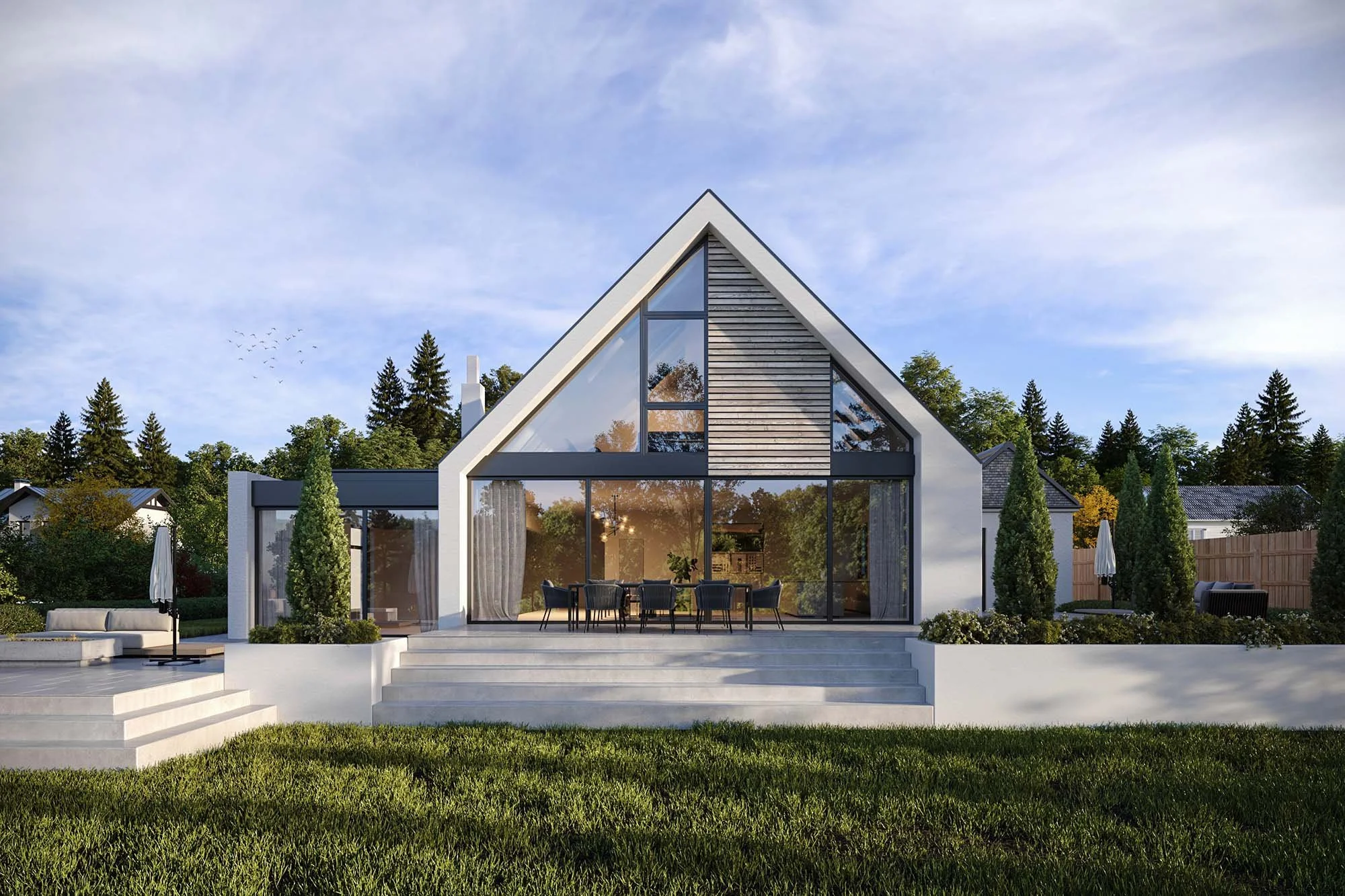 Baron + Baron Architects — Modern house with large glass windows, a landscaped yard, and surrounding trees under a blue sky.