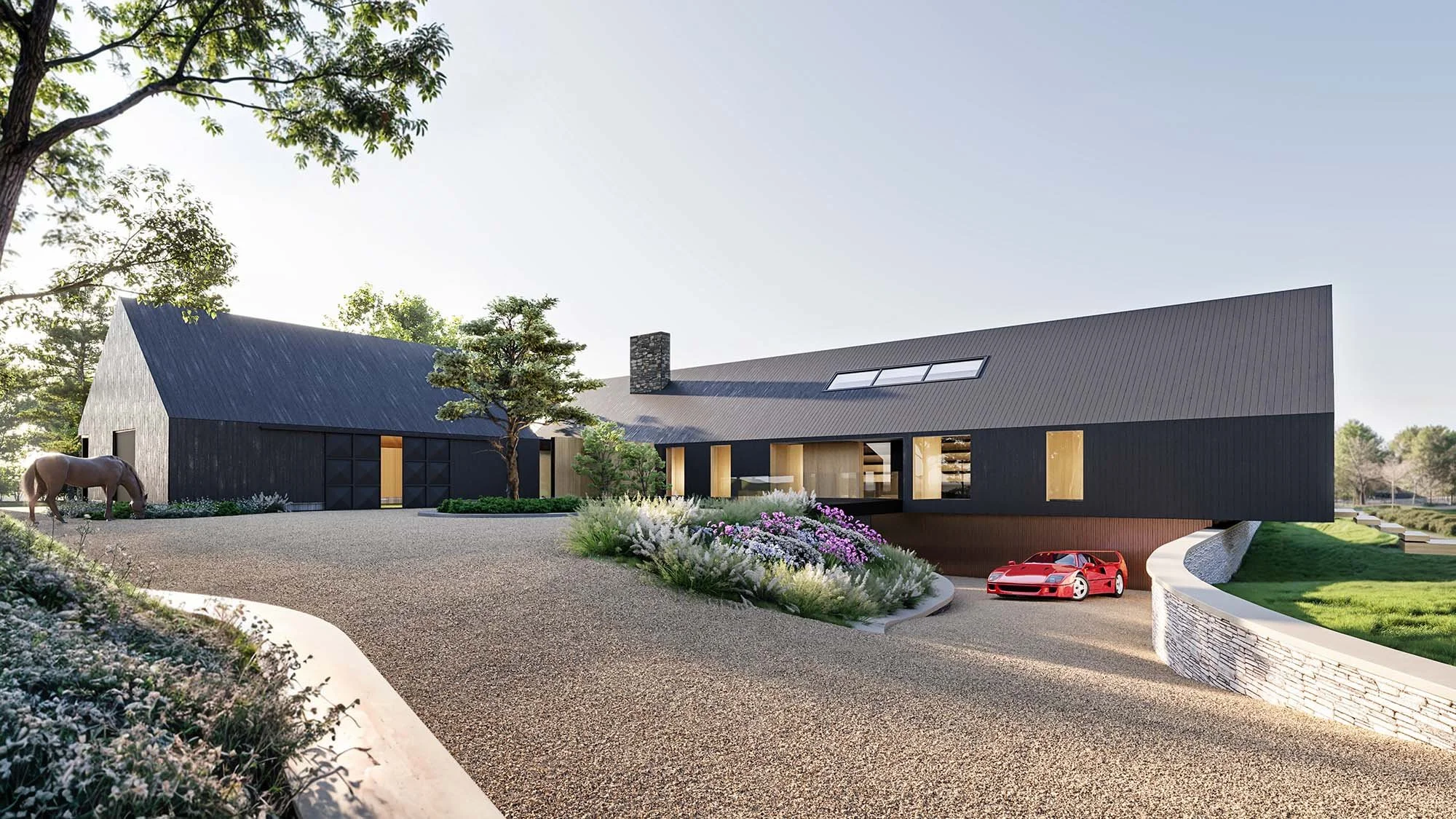 Baron + Baron Architects — A modern house with a black exterior, sloped roof, and large windows, set in a landscaped yard with trees, flowers, a red sports car, and a horse.