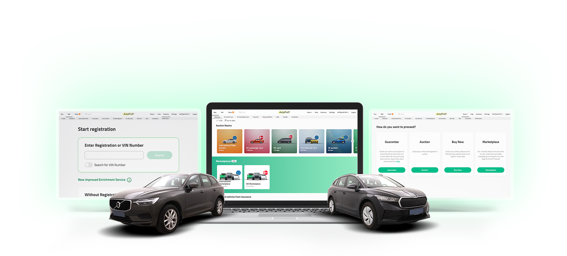 Volvo og Škoda foran laptopskærm med AutoProff platform, der viser registrering, auktionsrum og salgsmetoder som garanti, auktion, køb nu og markedsplads.