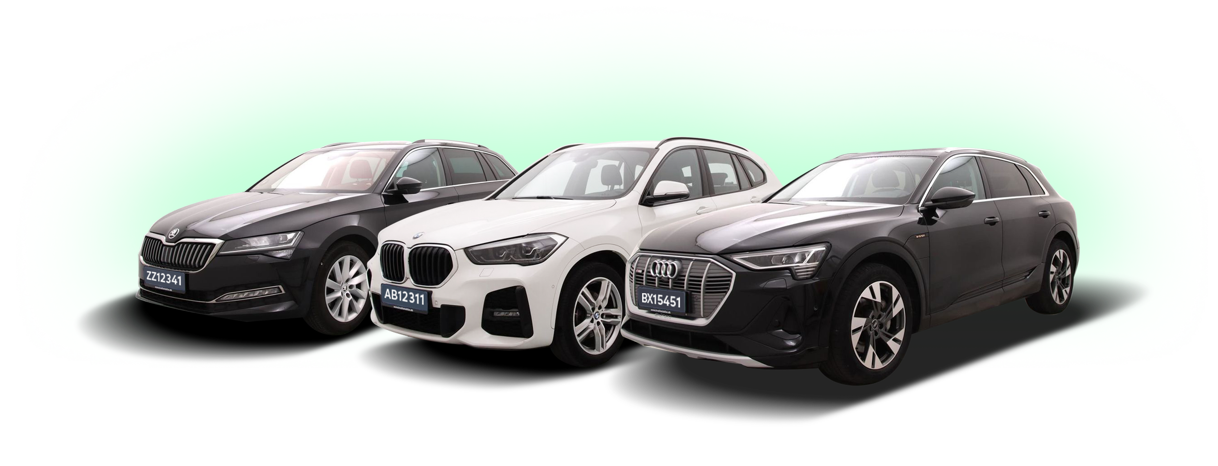 Tre biler i premium segmentet, herunder Škoda, BMW og Audi SUV, der fremhæver kvalitet, design og biludvalg til forhandlere og købere på AutoProff platform.