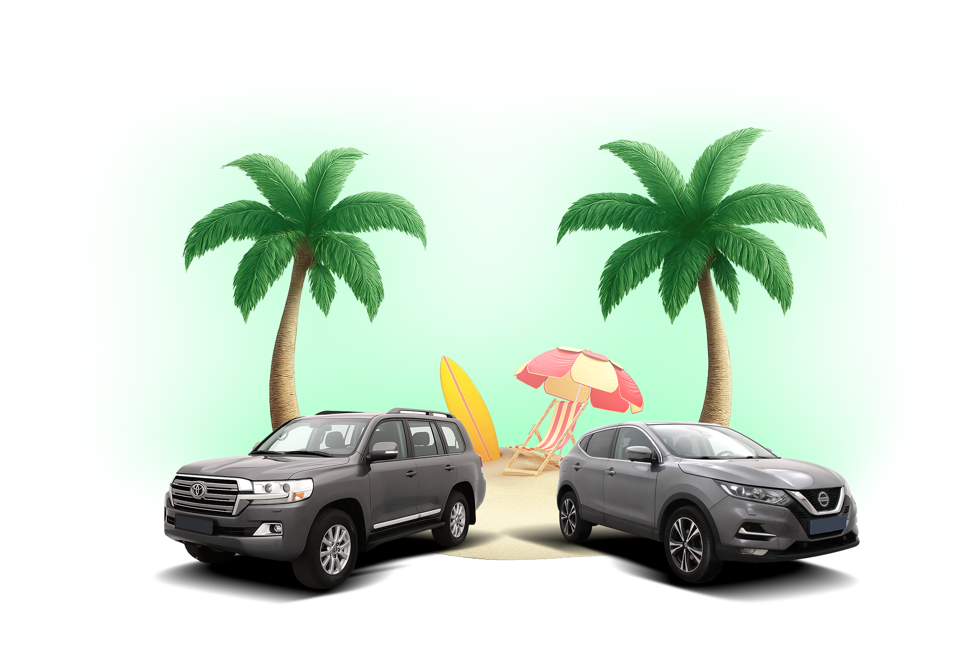 o grå SUV-biler parkeret på en strand med palmer og solskærm – Toyota Land Cruiser og Nissan Qashqai – køb og sælg brugte biler trygt hos AutoProff.