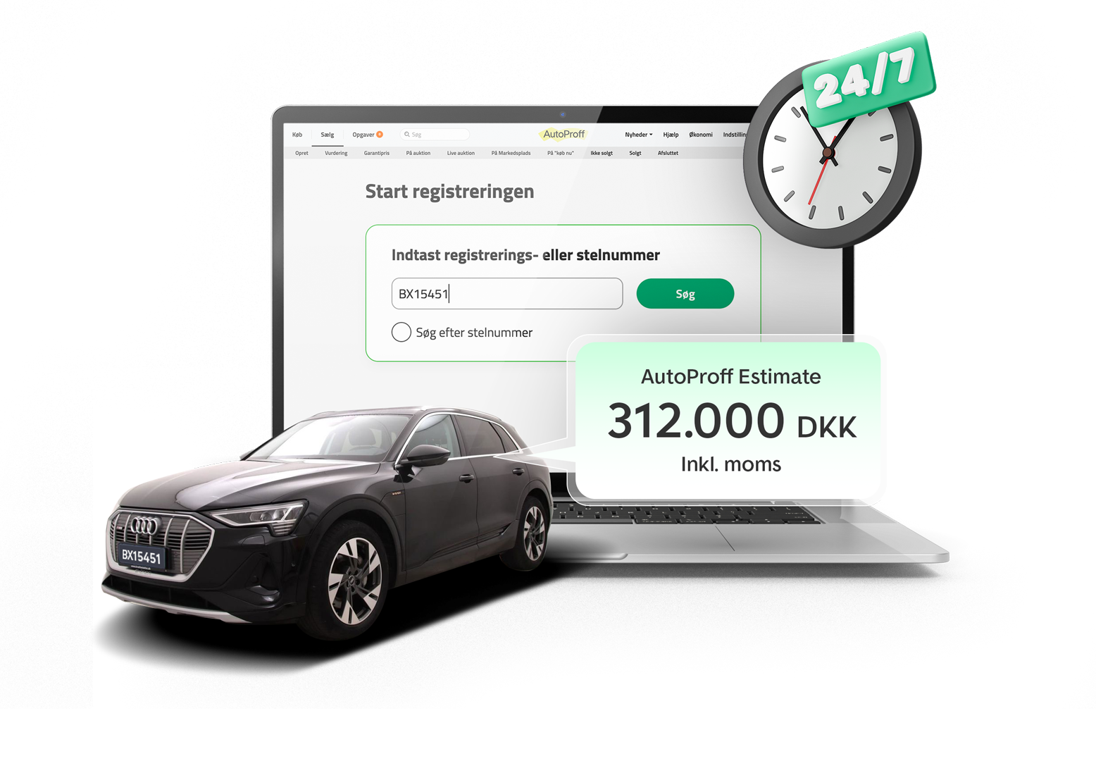 Audi SUV foran laptop med AutoProff platform, der viser registreringsnummeropslag og bilvurdering på 312.000 DKK, hvilket giver forhandlere hurtig online prisestimat 24/7.