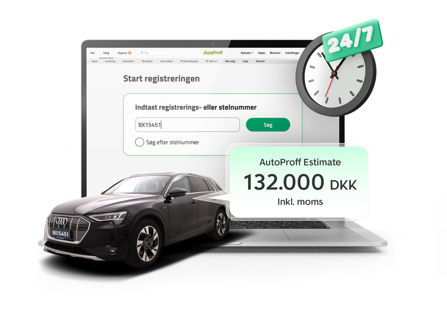 utoProff hjemmeside med bil og auktionstilbud vist på skærmen