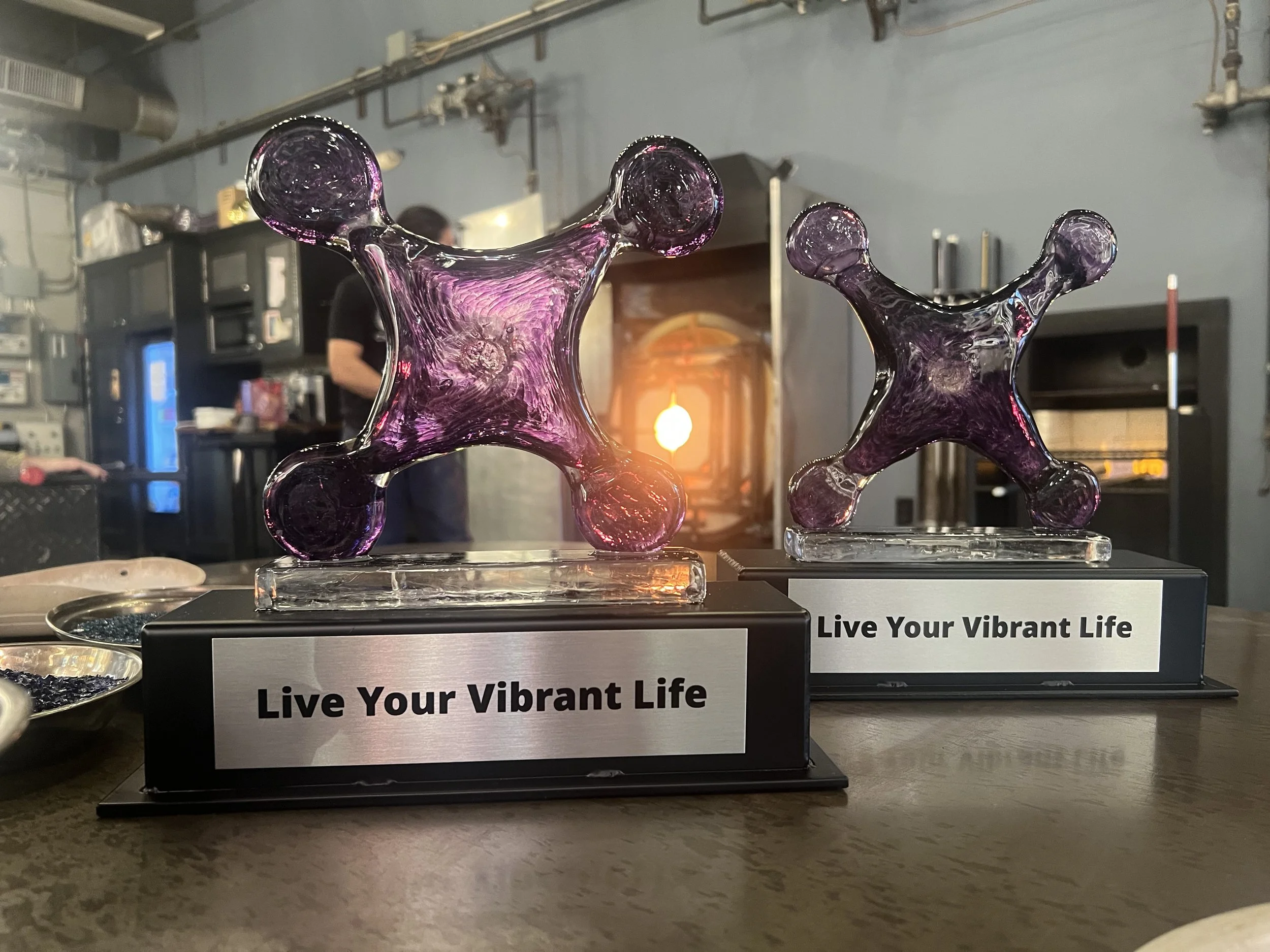 Two glass sculptures with purple hues, shaped like stylized molecules, displayed on black bases with the phrase "Live Your Vibrant Life" in bold black letters. The background shows a cozy interior with a furnace and a person in a black shirt.