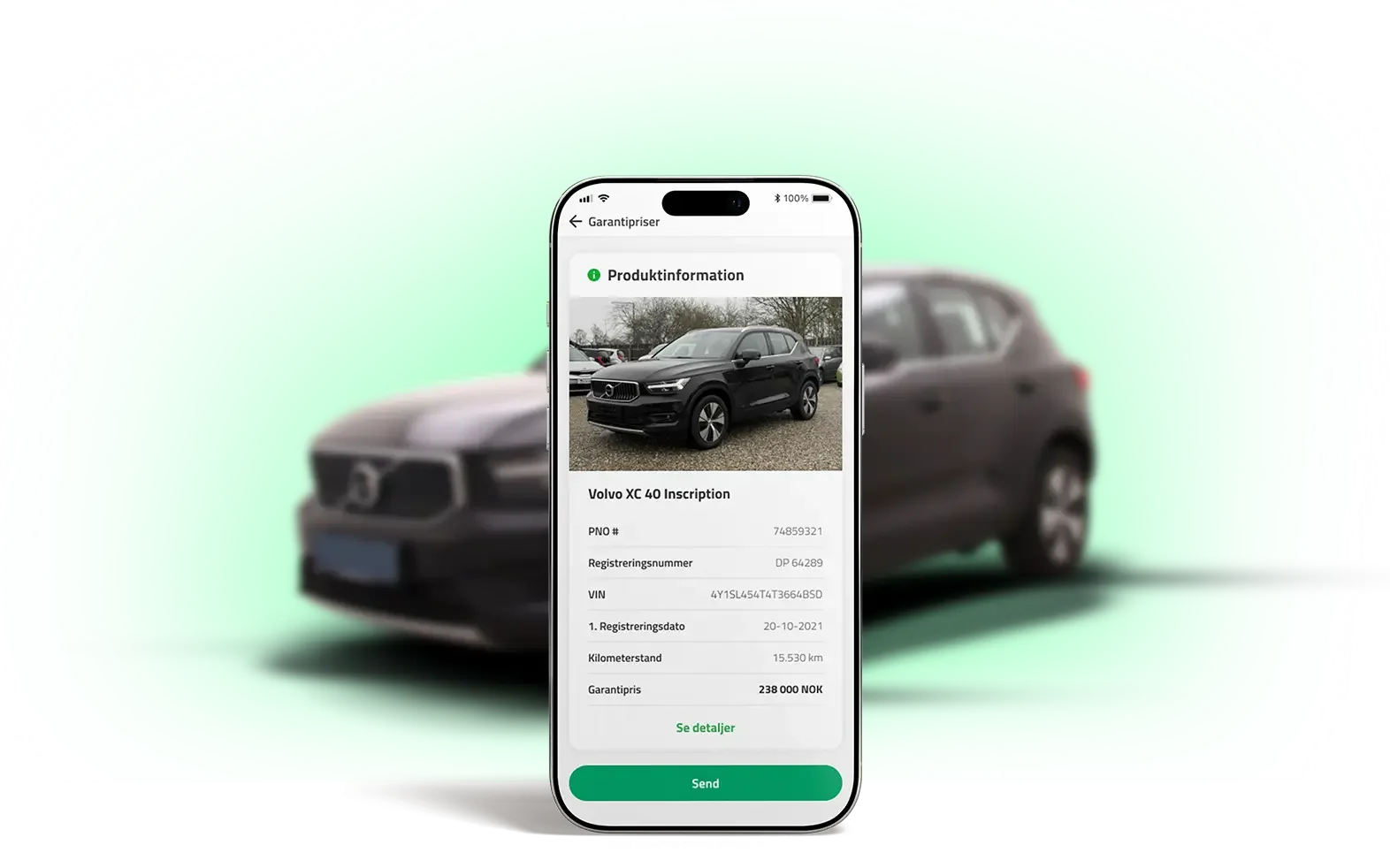 Mobilvisning av Volvo XC40 med kjøretøyinformasjon og garantipris i AutoProff