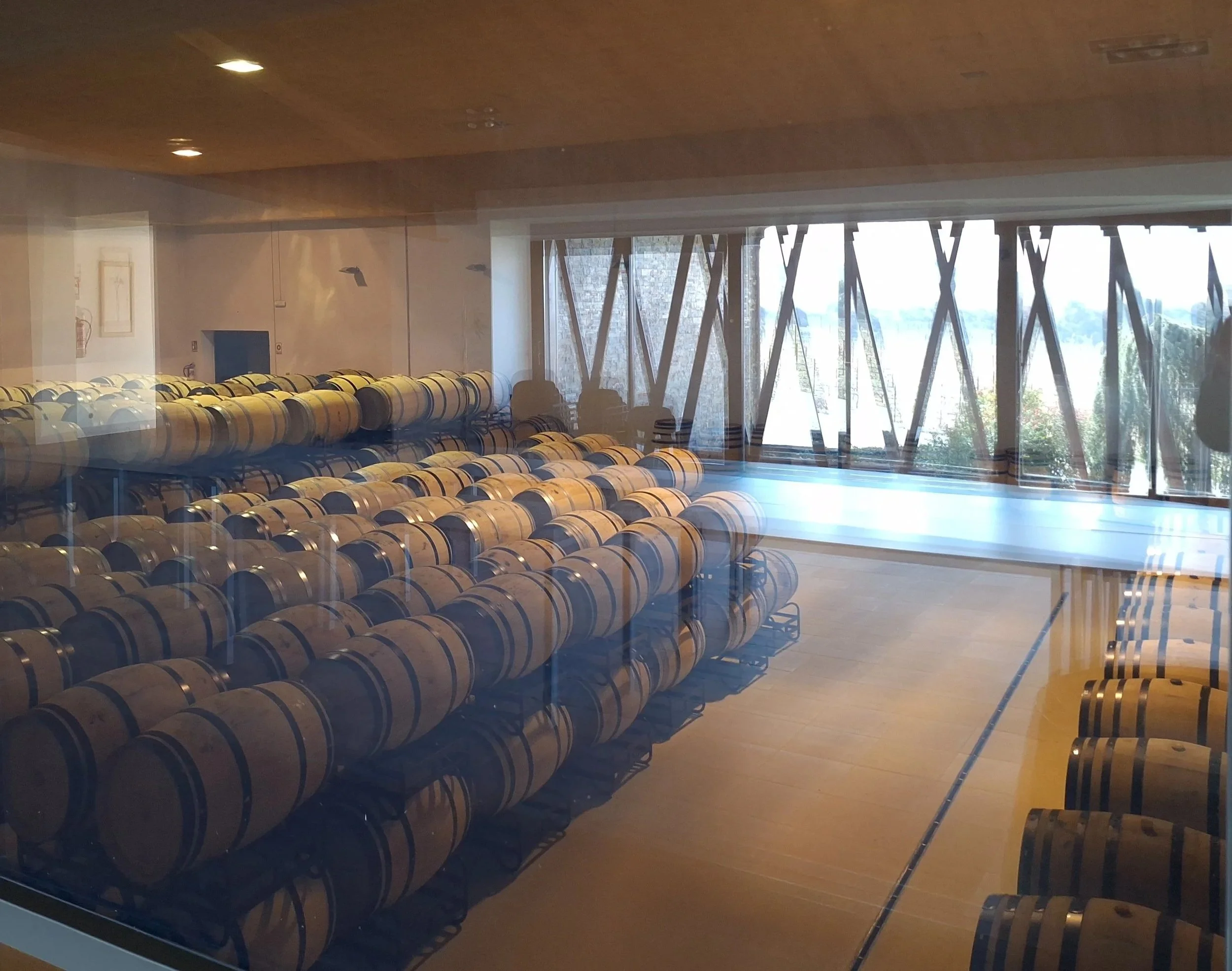 Sala de degustación de Casa La Rad, con vistas a las barricas de roble francés a través de los ventanales interiores.