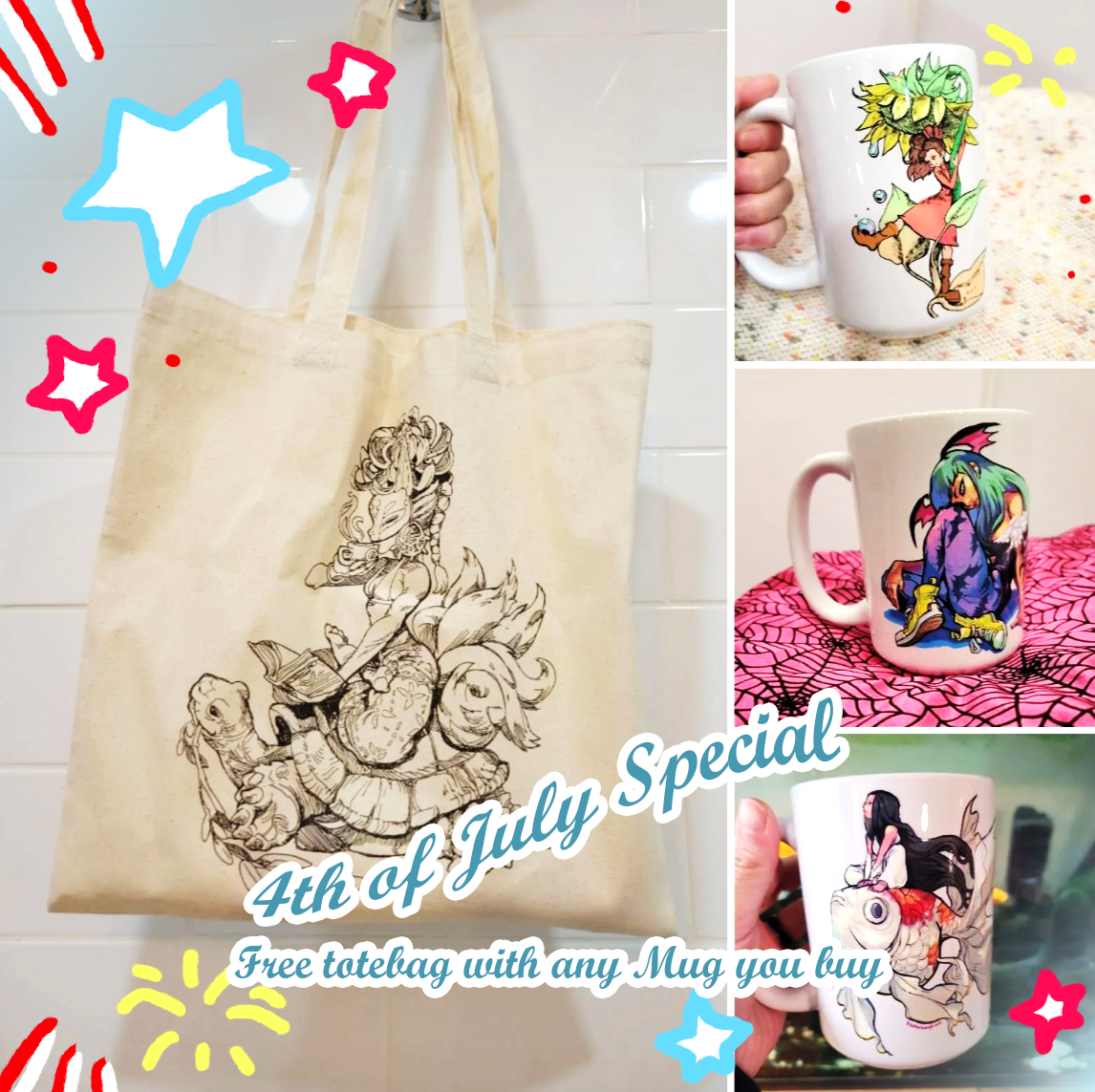 Promotional graphic for 4th of July. Shows a free tote bag with a black line art design of a girl reading a book, surrounded by animals. Also features three decorated mugs with colorful illustrations. Text overlays advertise a free tote with any mug purchase.