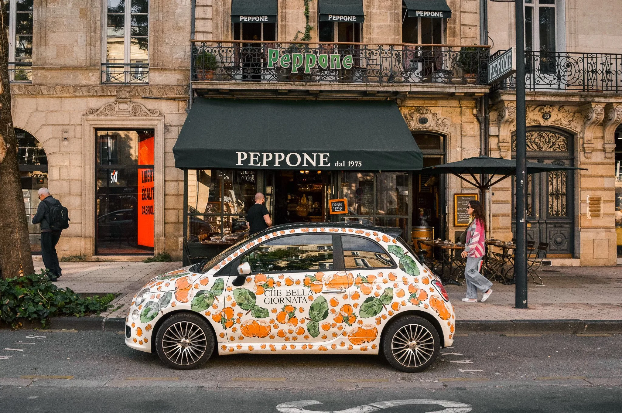 Fiat 500  avec un covering noisette et feuilles