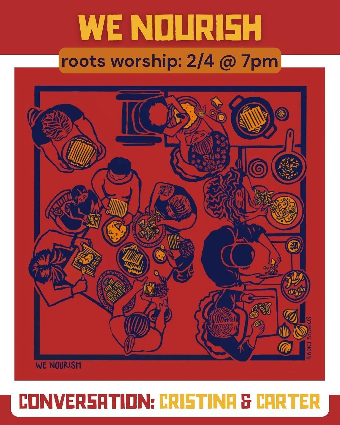 We continue our &ldquo;We Gather&rdquo; series using @radicistudios art series this week with a really exciting conversation between Cristina and Carter on &ldquo;We Nourish.&rdquo; They are going to chat about this Jen Bloomer image of tamale-making