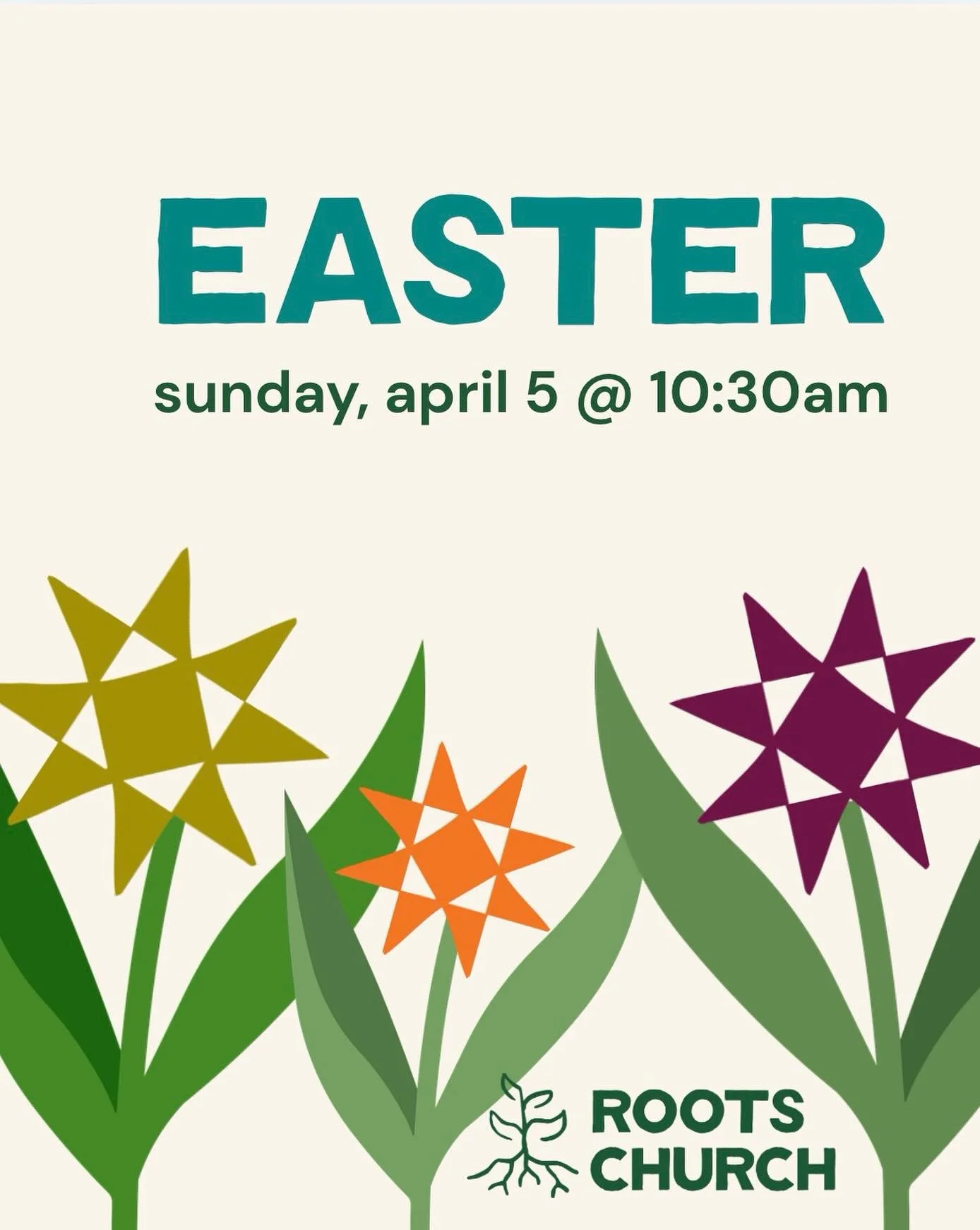 Join us for a special Easter Sunday worship service at Roots! We will sing, pray, and celebrate new life&mdash;all while being rooted in Jesus, Justice, and Joy. Sunday, April 5 at 10:30am at Roots!