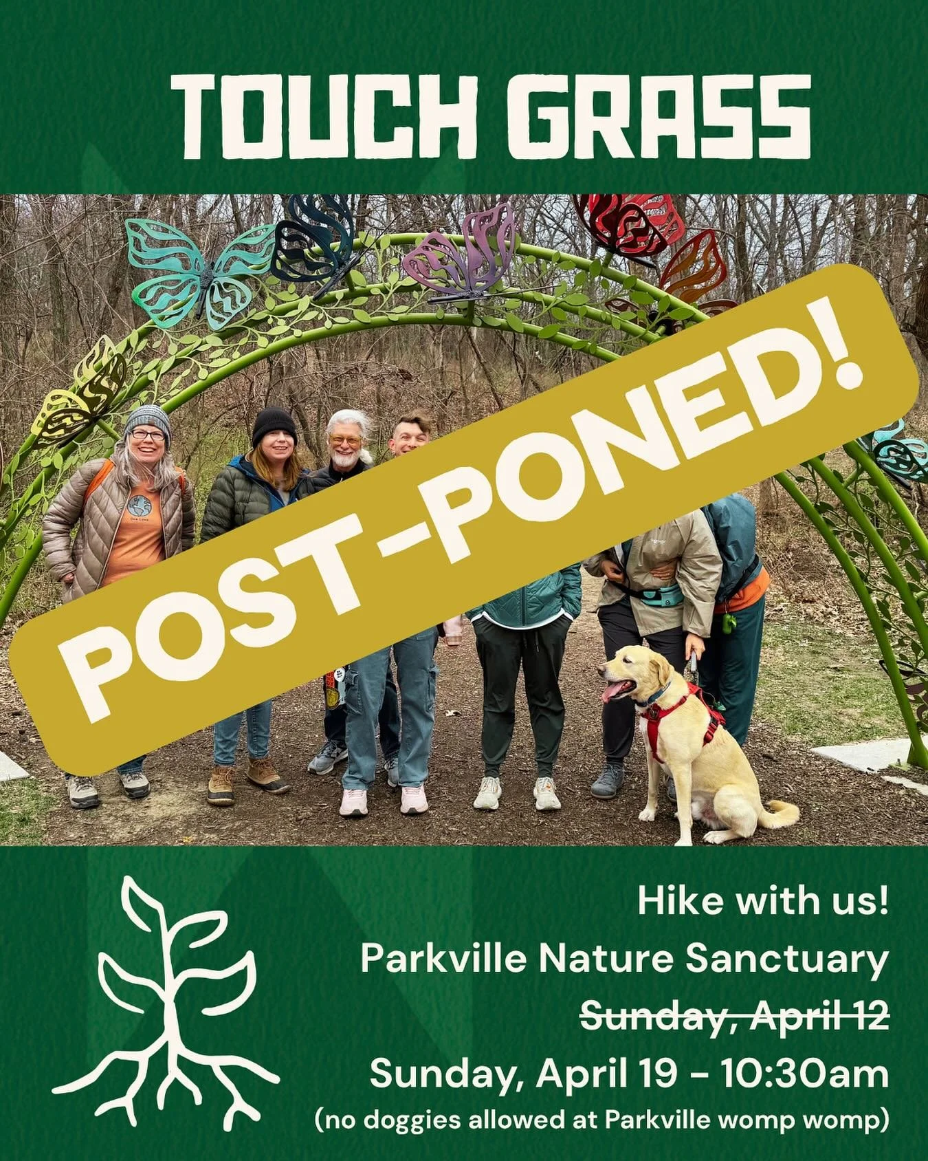 This rain forecast means we neet to postpone Touch Grass tomorrow. See you April 19 for the makeup date! Stay dry!