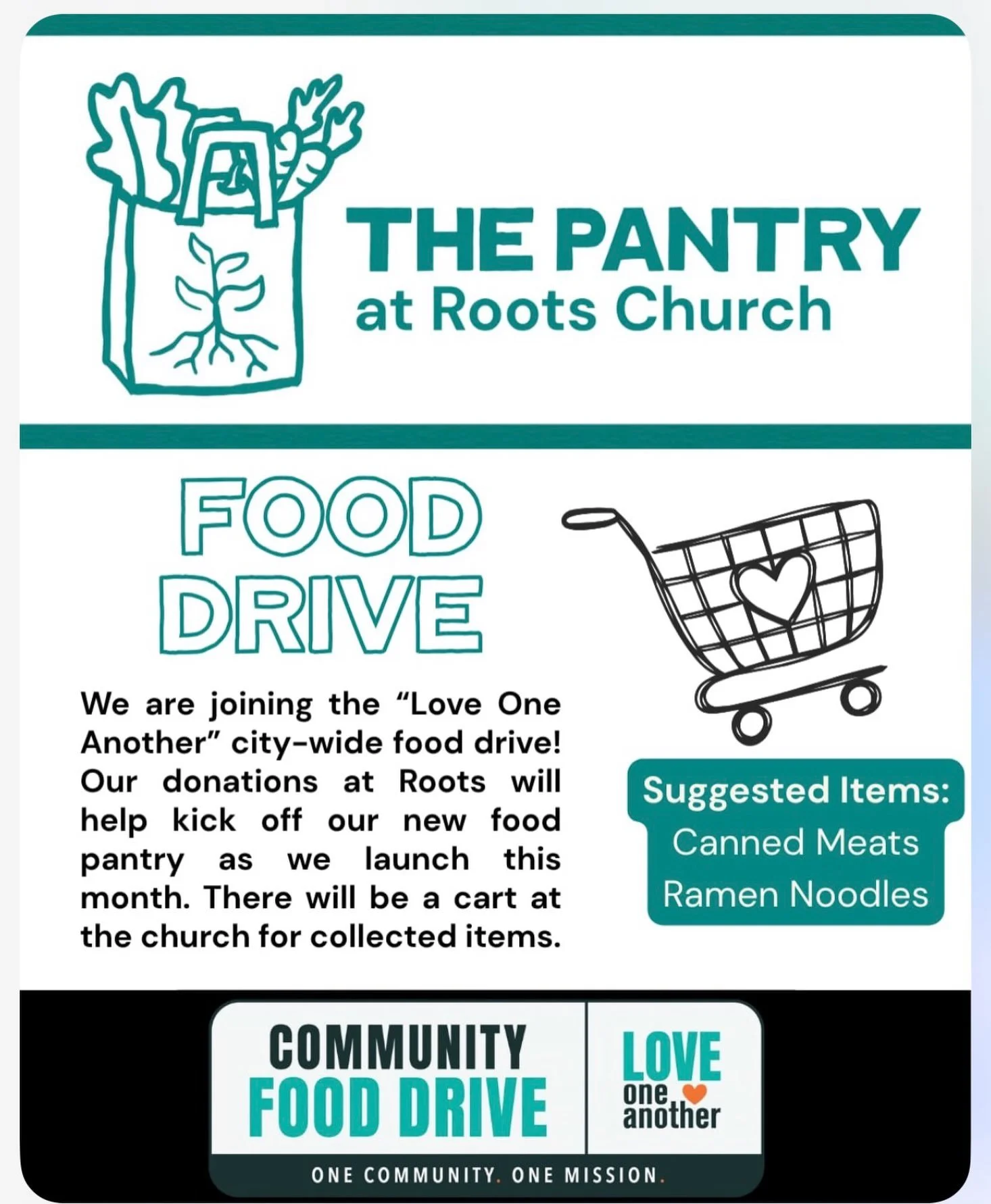 The Pantry at Roots will launch later this month. Roots Fam, let&rsquo;s get it stocked! We are collecting canned meats and ramen this month as part of the city-wide Love One Another food drive. Bring your items to the cart inside Roots this month to