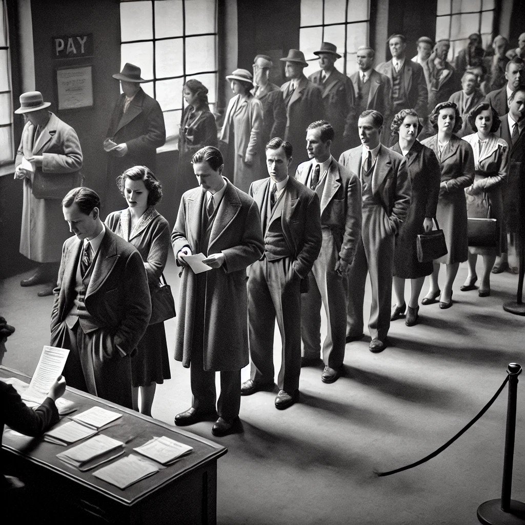 DALL·E-2024-10-04-10.47.45-A-black-and-white-image-of-people-waiting-in-line-to-get-paid.jpg
