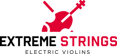 Logo for Extreme Strings Electric Violins featuring a red electric violin with bow above the text Extreme Strings Electric Violins.