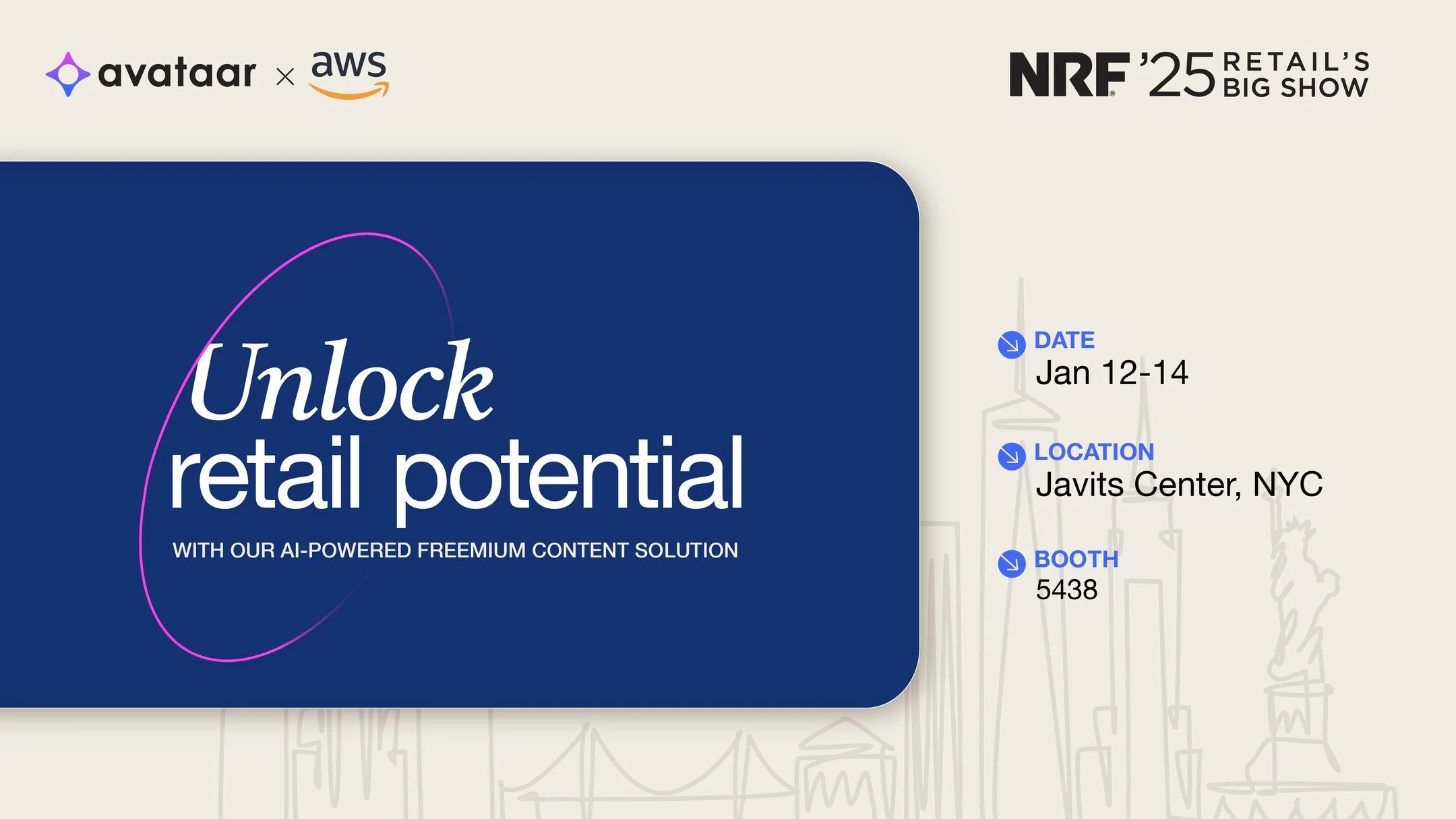 🛍️ Ready to transform your retail strategy?

We&rsquo;re co-exhibiting with @amazonwebservices at @nrf 2025 to showcase how we&rsquo;re reshaping retail content creation.

✨ Immersive AI-driven content solutions
✨ Scalable tech for modern retail dem