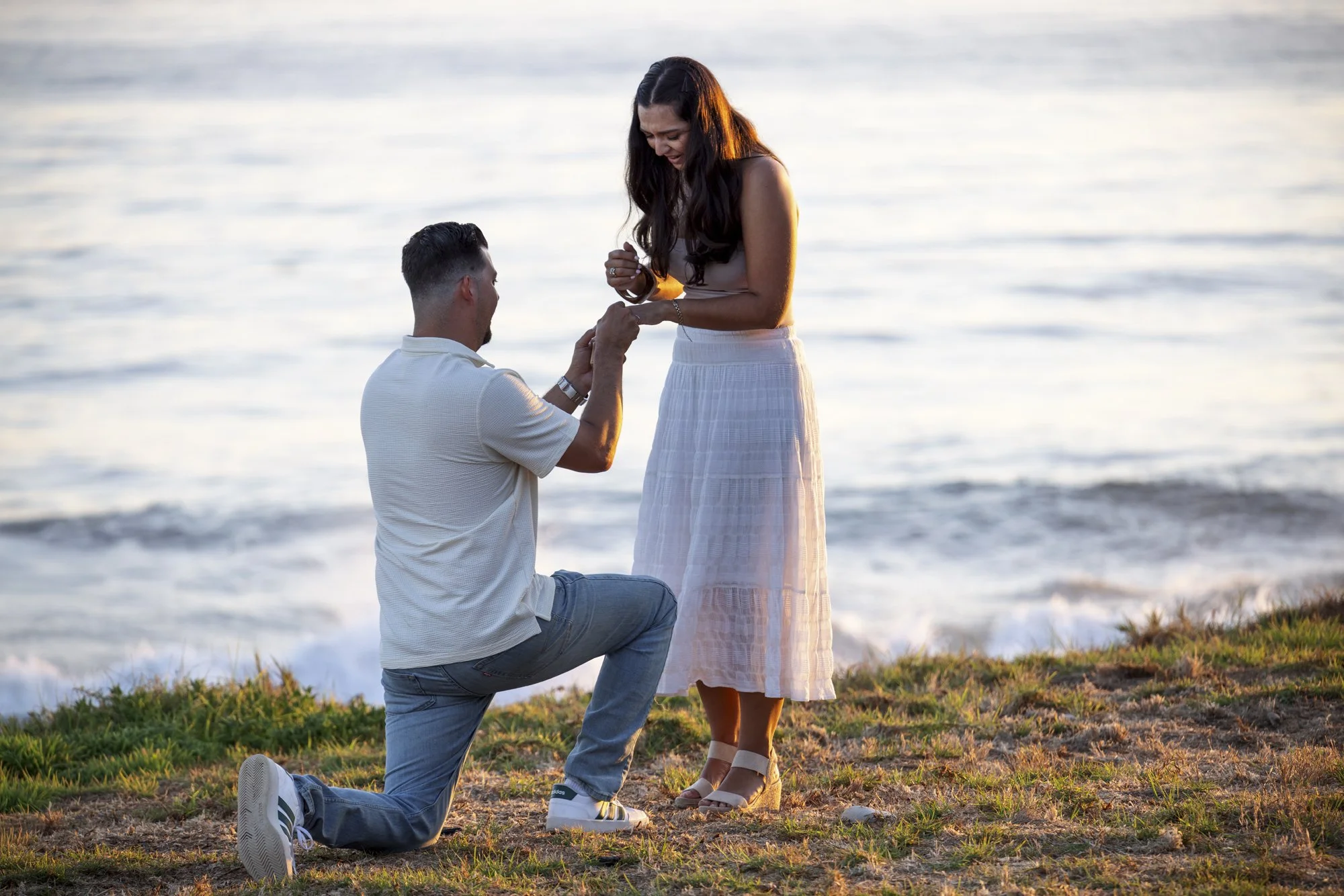 Wide view of a surprise proposal beside the water on the Gaviota Coast west of Santa Barbara