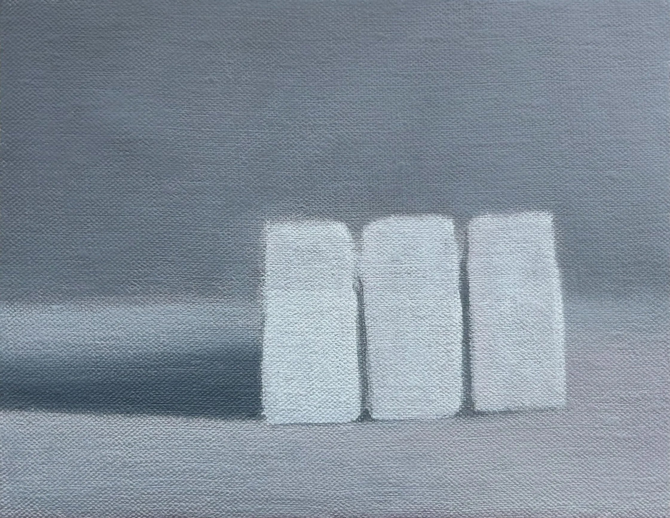 "Three Cartons", acrylic on linen, 5.5x7", 2024