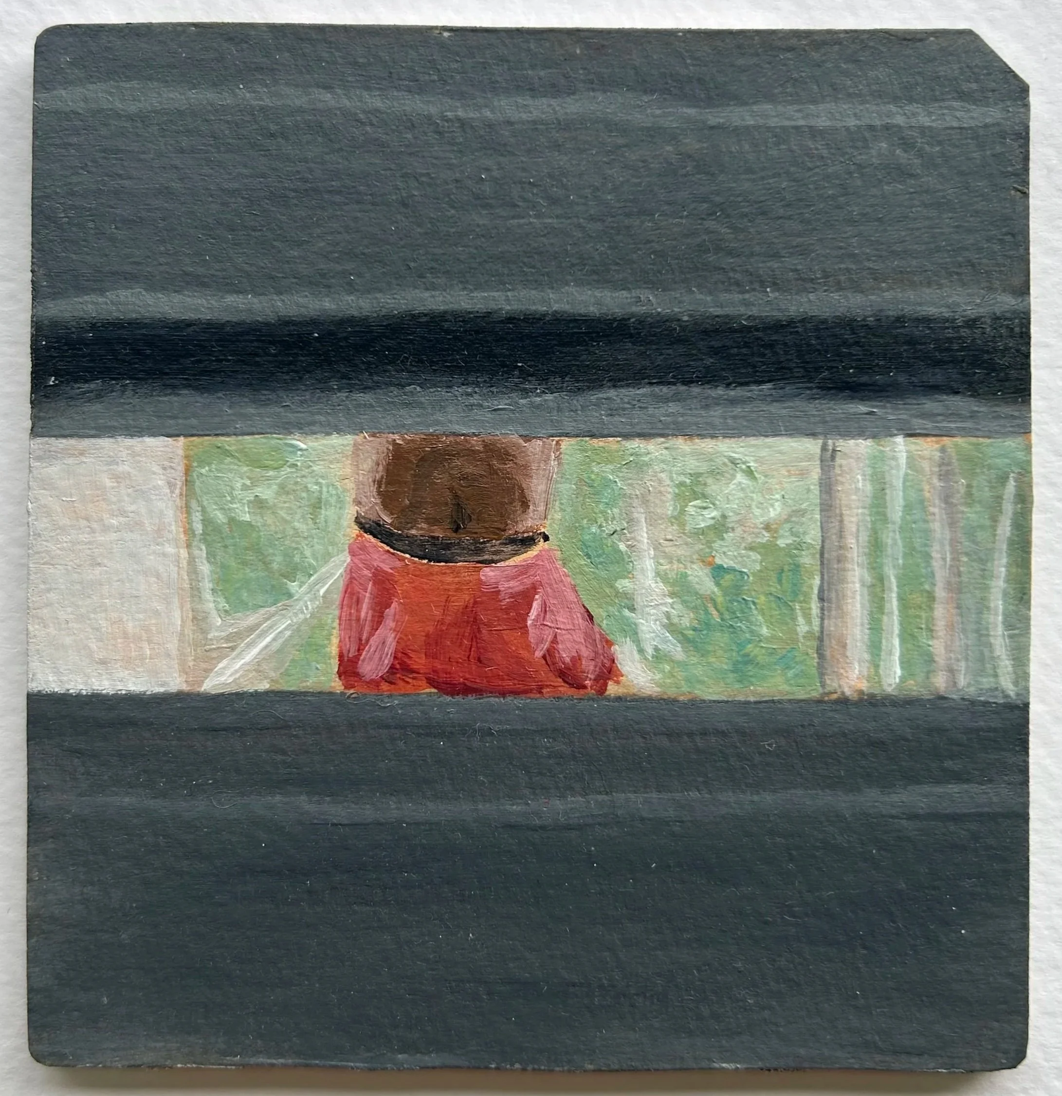 "Maxwell through the Mail Slot", acrylic on paper mounted to floppy disc, 3.5x3.75", 2023