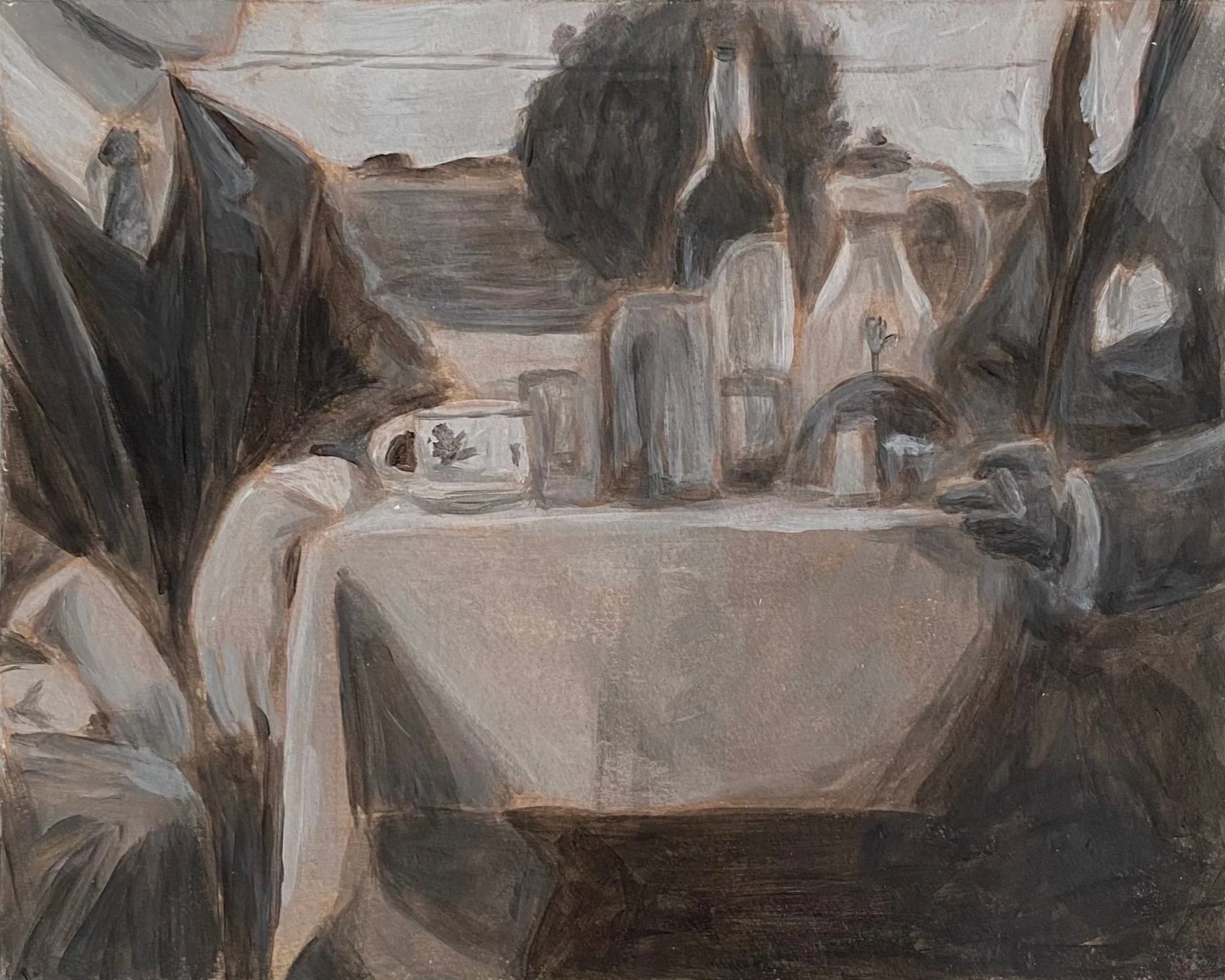 "Strangers on a Train", acrylic on wood panel, 9x12", 2023