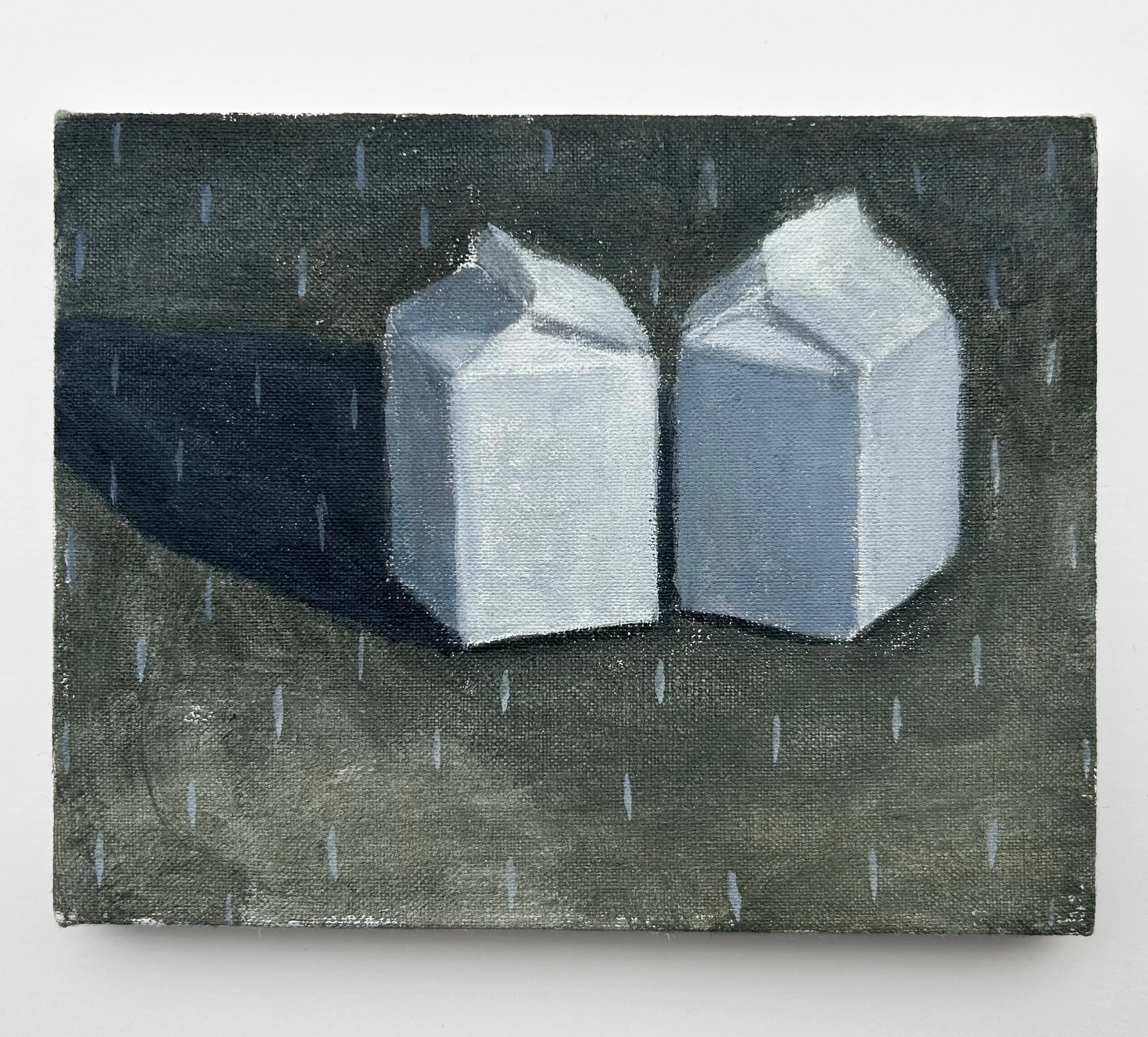 "Two Cartons on the Lawn", acrylic on linen, 2024