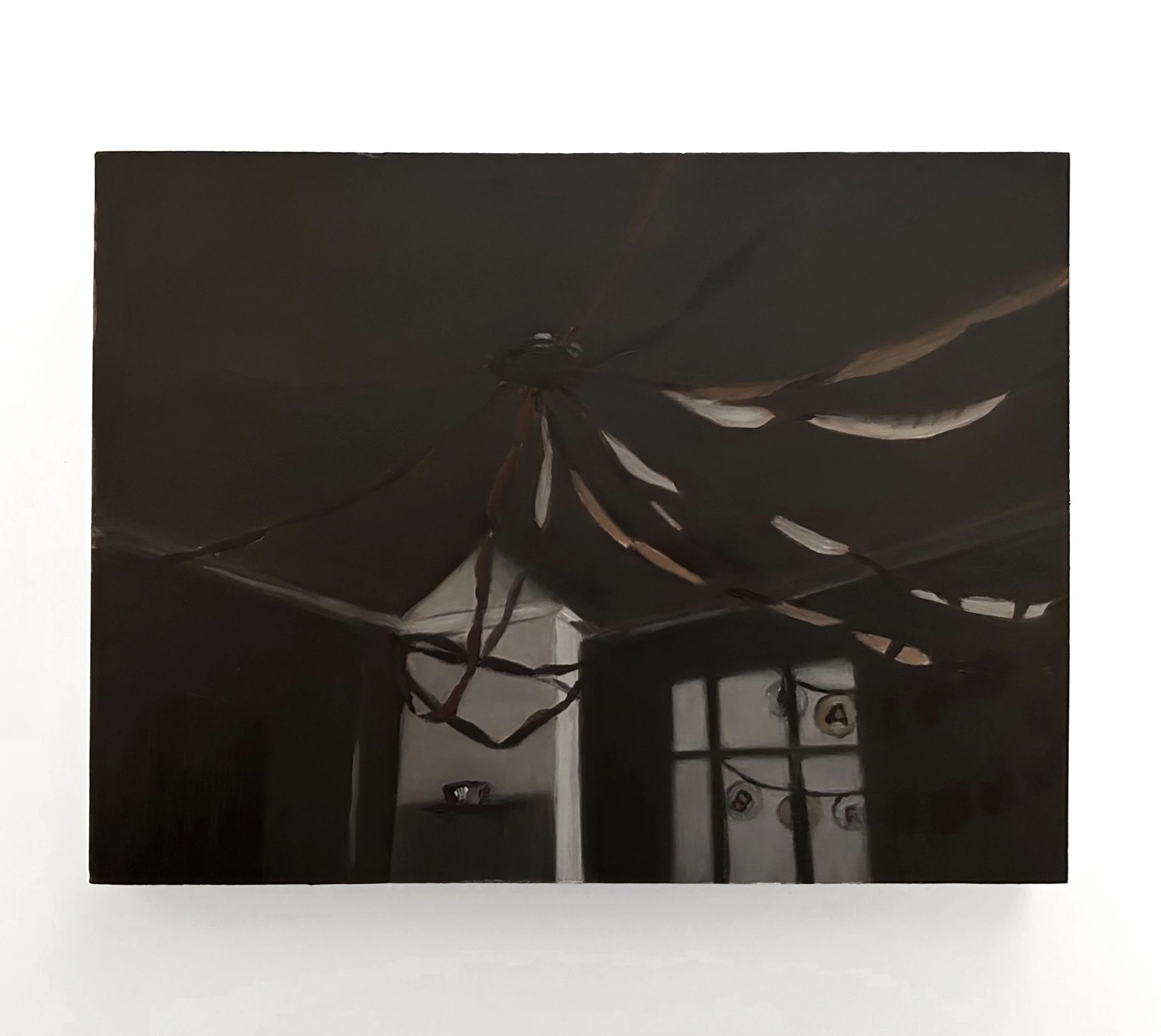 "And a moment later the lights came back on and we all yelled surprise and everything was filled with joy once more", oil and acrylic on wood, 2026