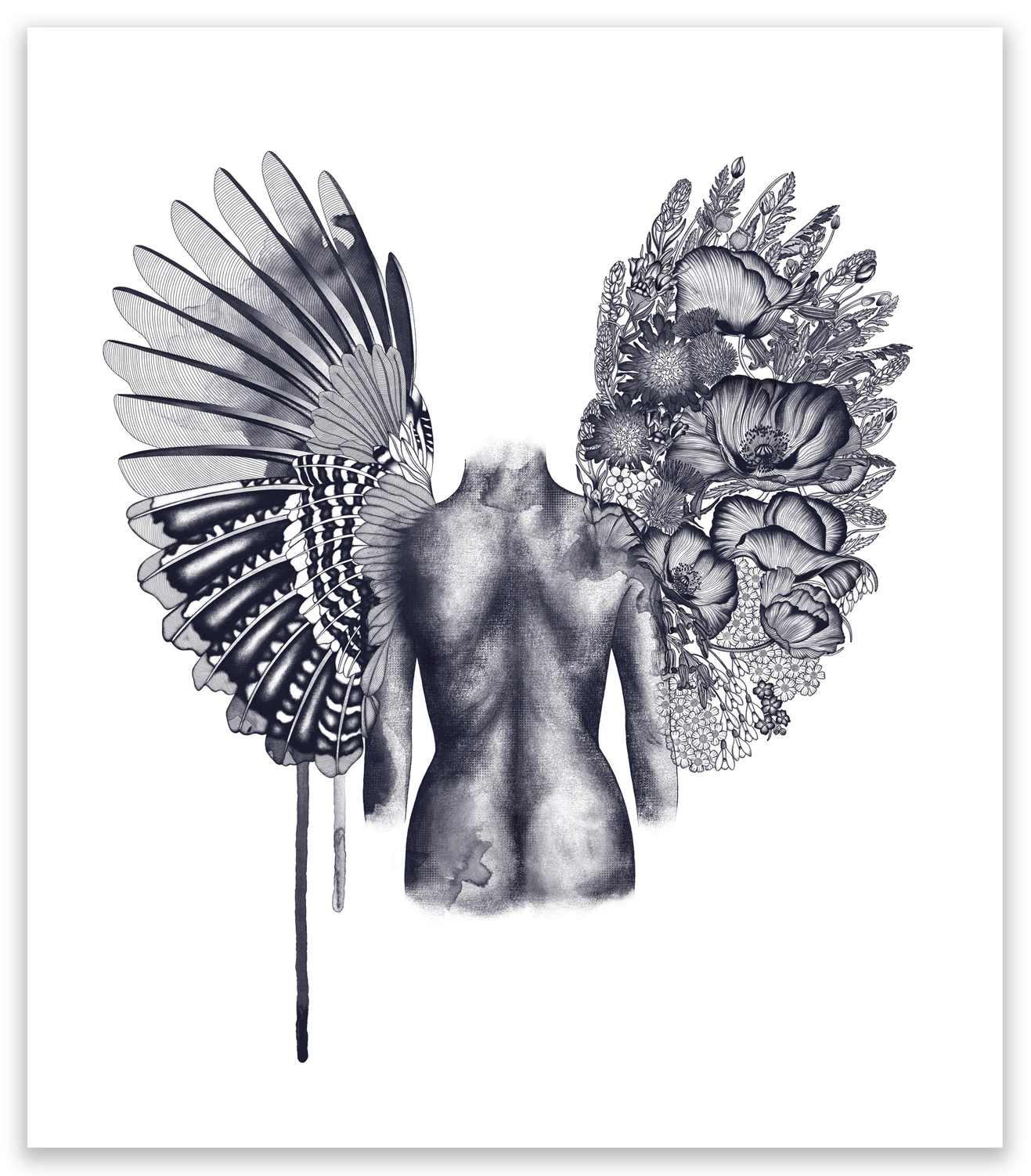 Black and white artistic illustration of a human back with a combination of insect wings on the left and floral arrangements on the right.