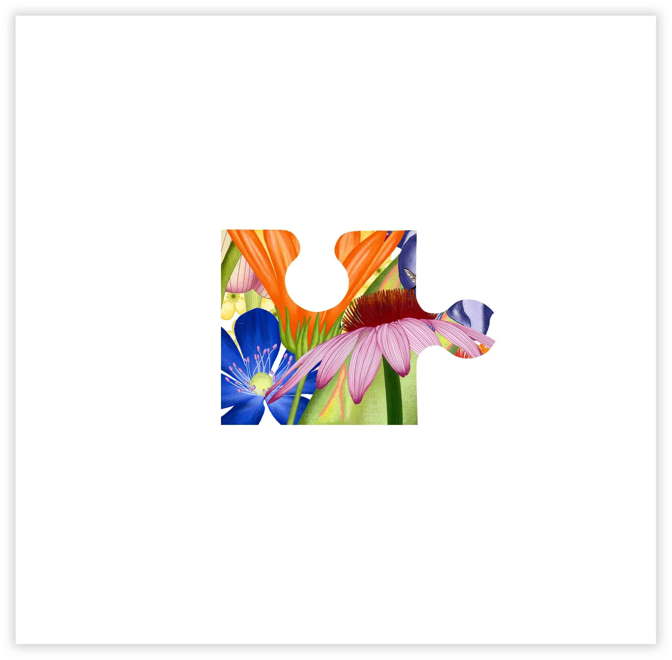 Colorful puzzle with floral and vegetation patterns on white background.