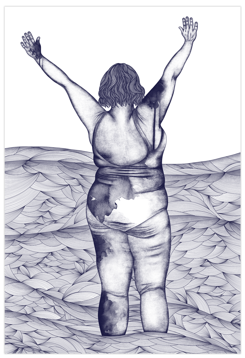 A line art illustration of a woman with short hair, standing in water with her arms raised, and a background of stylized waves.