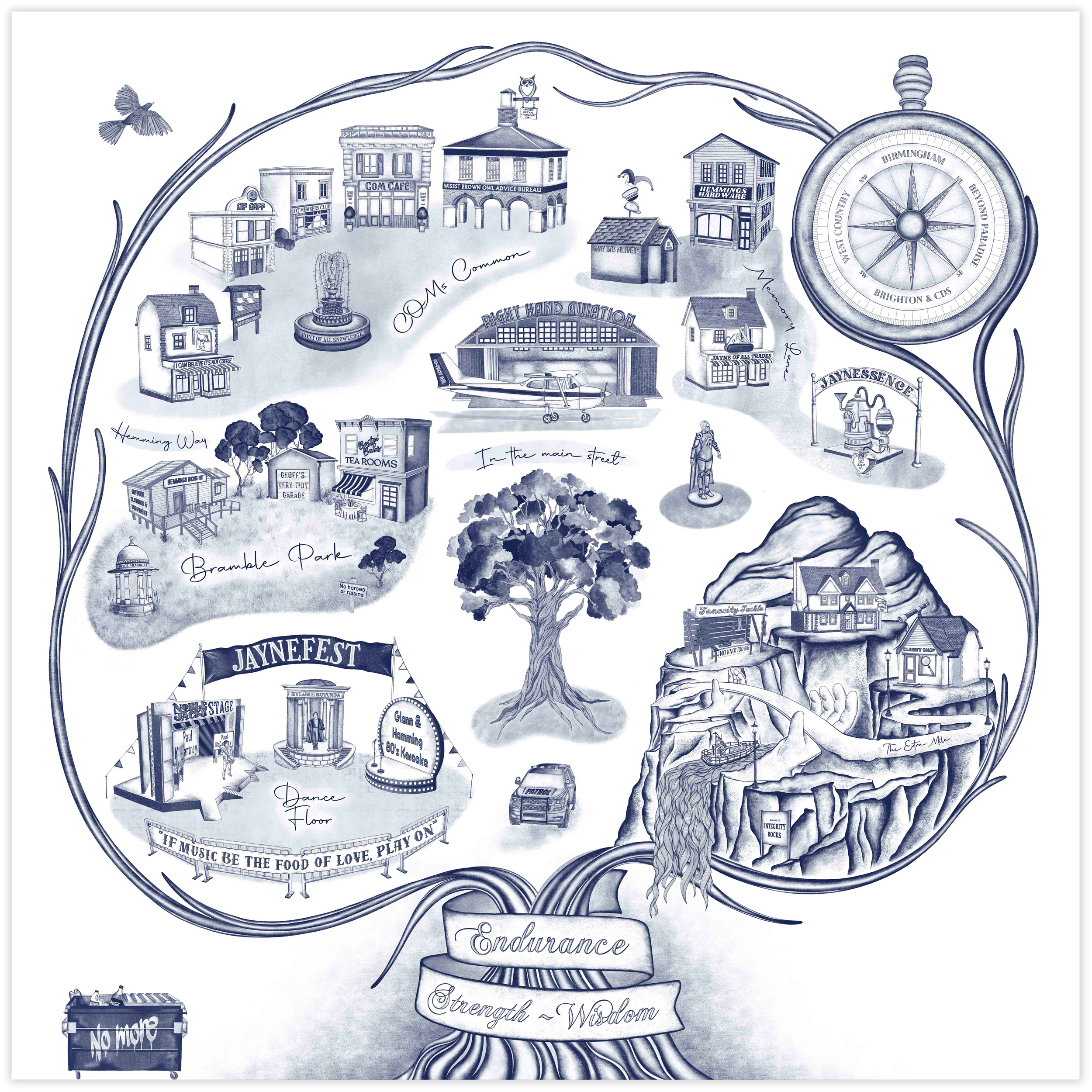 A detailed illustration of a town map featuring various buildings, landmarks, and text labels, with a large clock or compass in the upper right corner and a tree at the center.