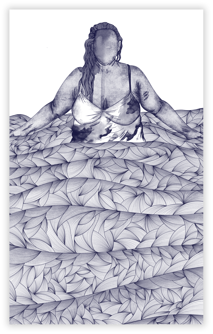 An artistic drawing of a faceless woman with long hair, wearing a tie-front top, standing in water with patterned waves.