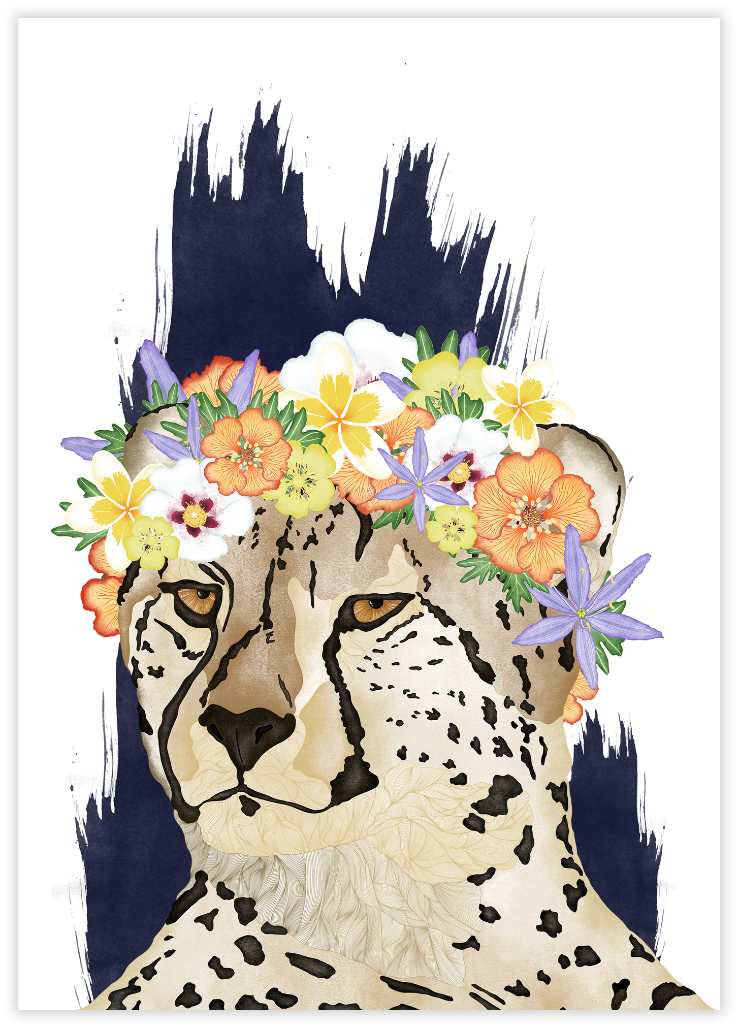 An artistic illustration of a cheetah's face with closed eyes, decorated with a crown of colorful flowers on its head, set against a dark background with brushstroke accents.